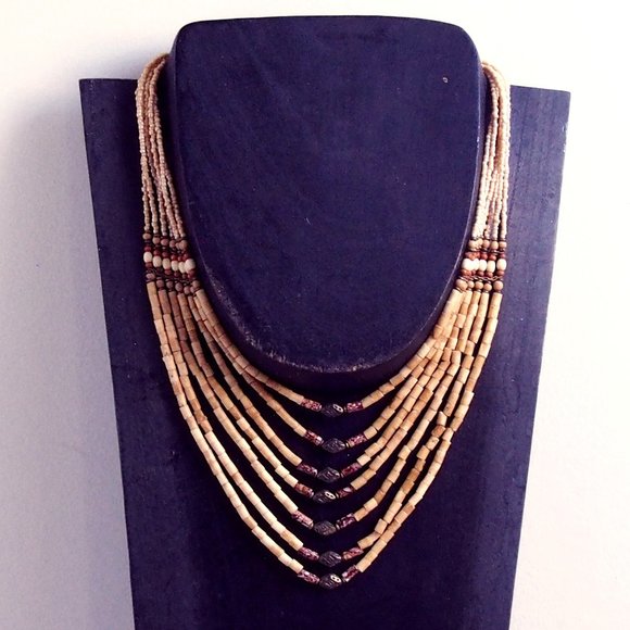 Vintage Jewelry - Clay Bronze Seed Bead Tribal Statement Necklace